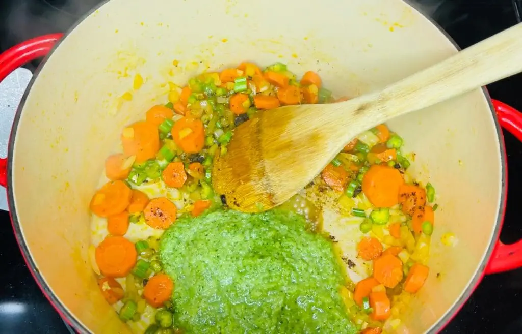 celery, carrots, onions, garlic & Puerto Rican sofrito for Latin American Chicken Noodle Soup - Sopa de Pollo con Fideos made with Domestic Gourmet Organic Annatto Oil - Aceite de Achiote