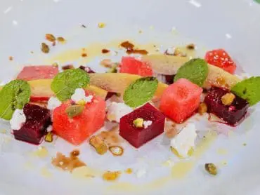 watermelon & feta salad, substitute the olive oil with domestic gourmet organic annatto oil - aceite de achiote for additional color and depth of flavor