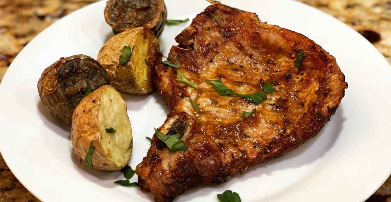 Air Fried Balsamic Peach Glazed Pork Chops - Domestic Gourmet